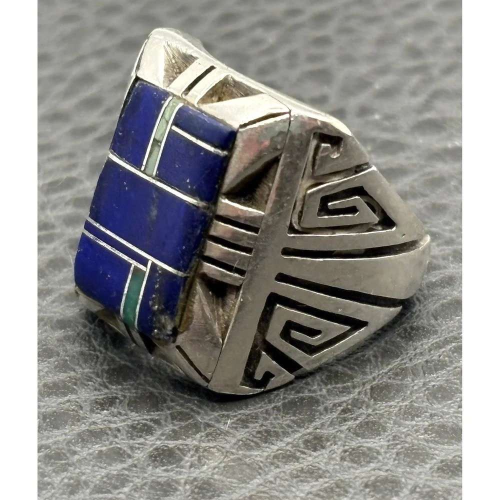 Vintage Sterling Silver Lapis Lazuli Malachite Inlay Heavy Chunky Ring Size 8.5